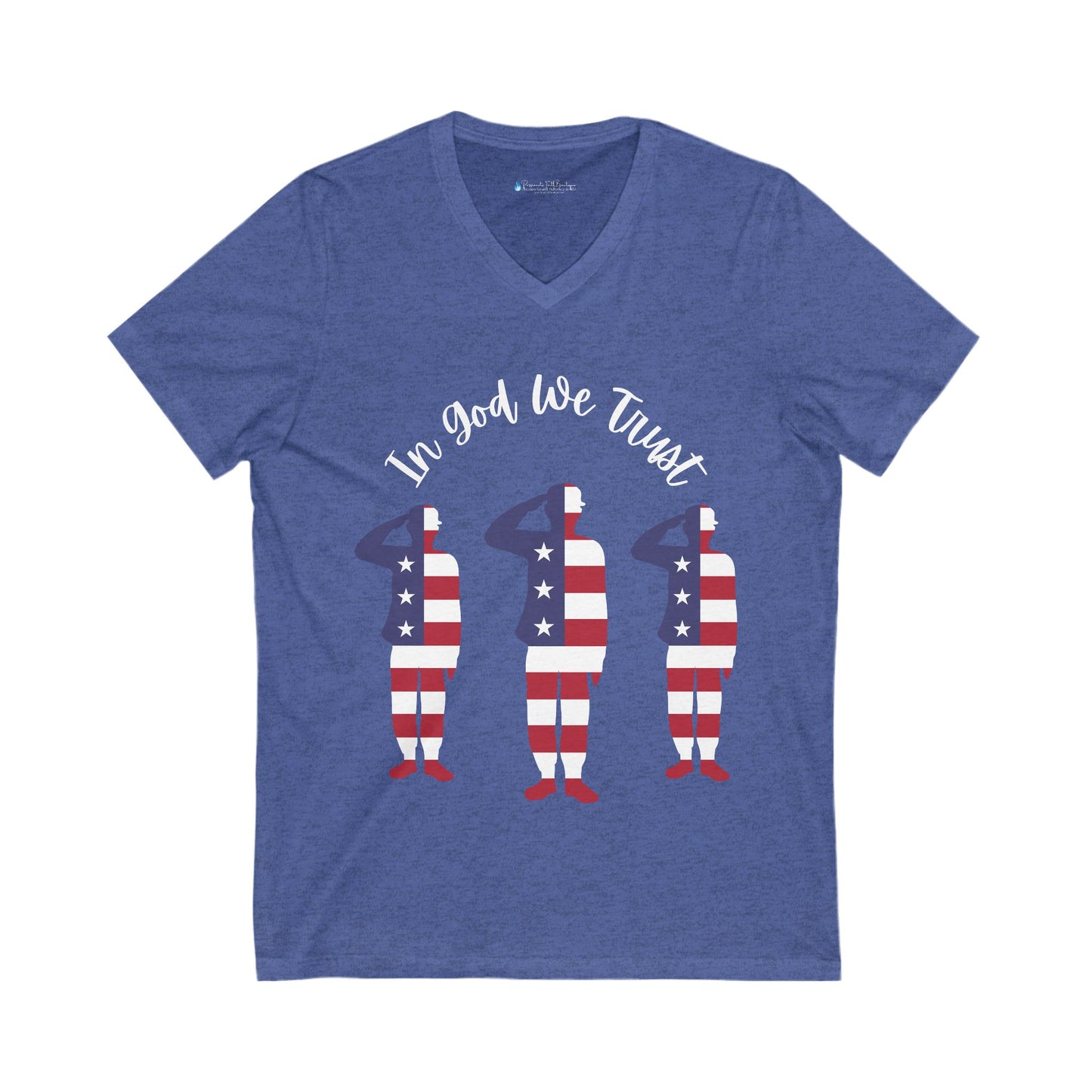 Blue t-shirt with a soldier-shaped American flag design and 'In God We Trust' text on a white background