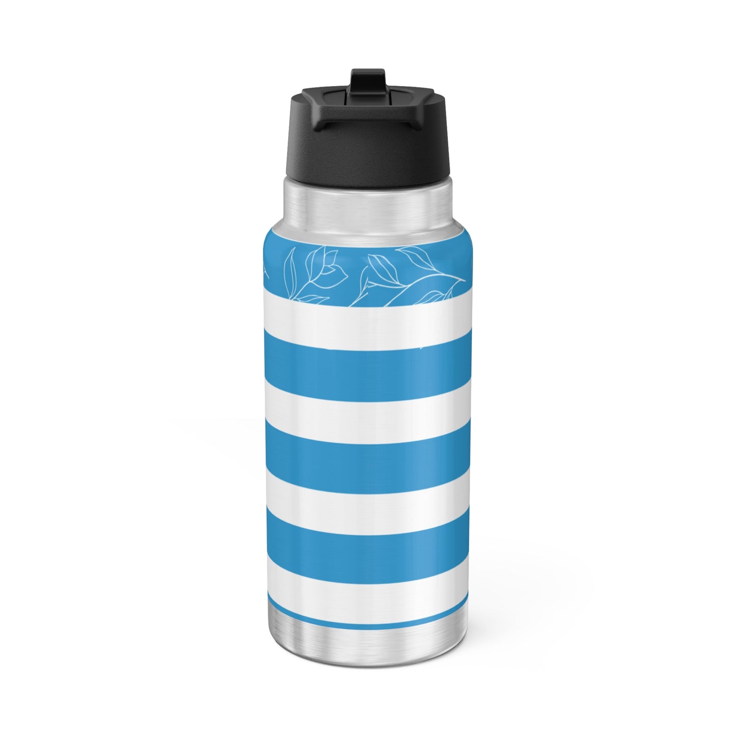 Stainless steel water bottle with blue and white striped design on a white background