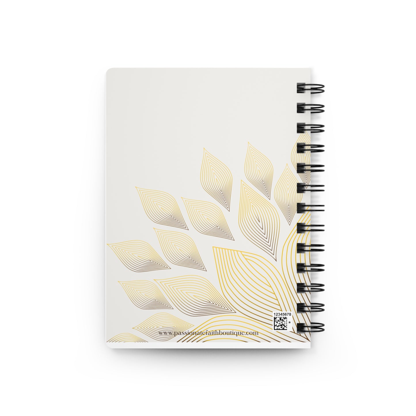 Back view of notebook with gold leaf design on a white background