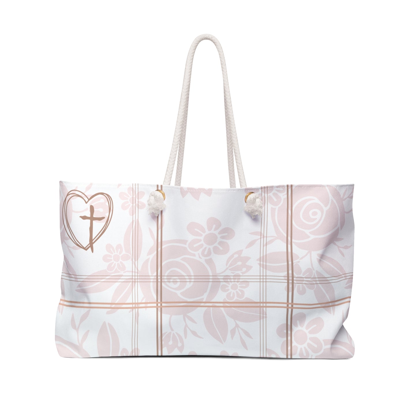 White tote bag with floral and cross design on a white background