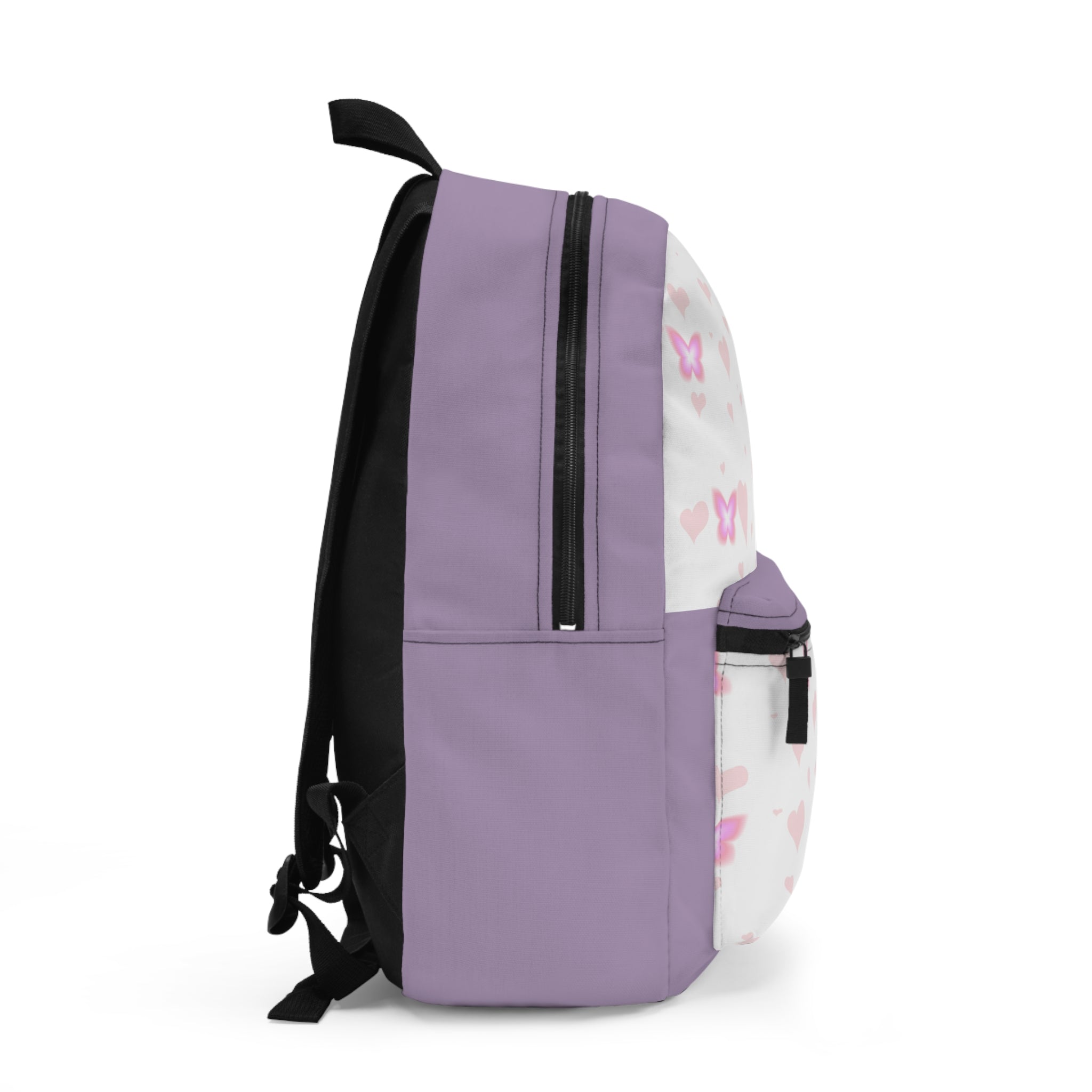 Purple backpack with butterfly design on a white background