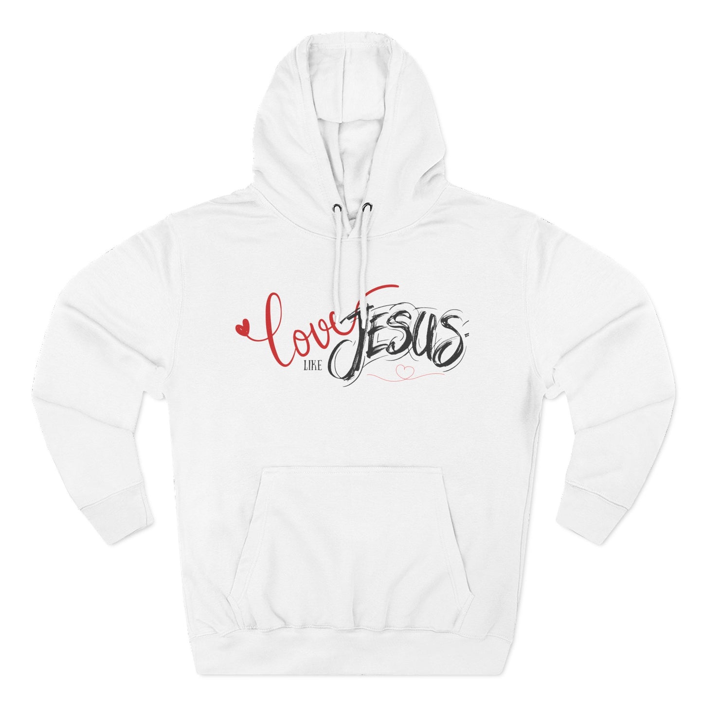 White hoodie with 'Love Jesus' text on a white background