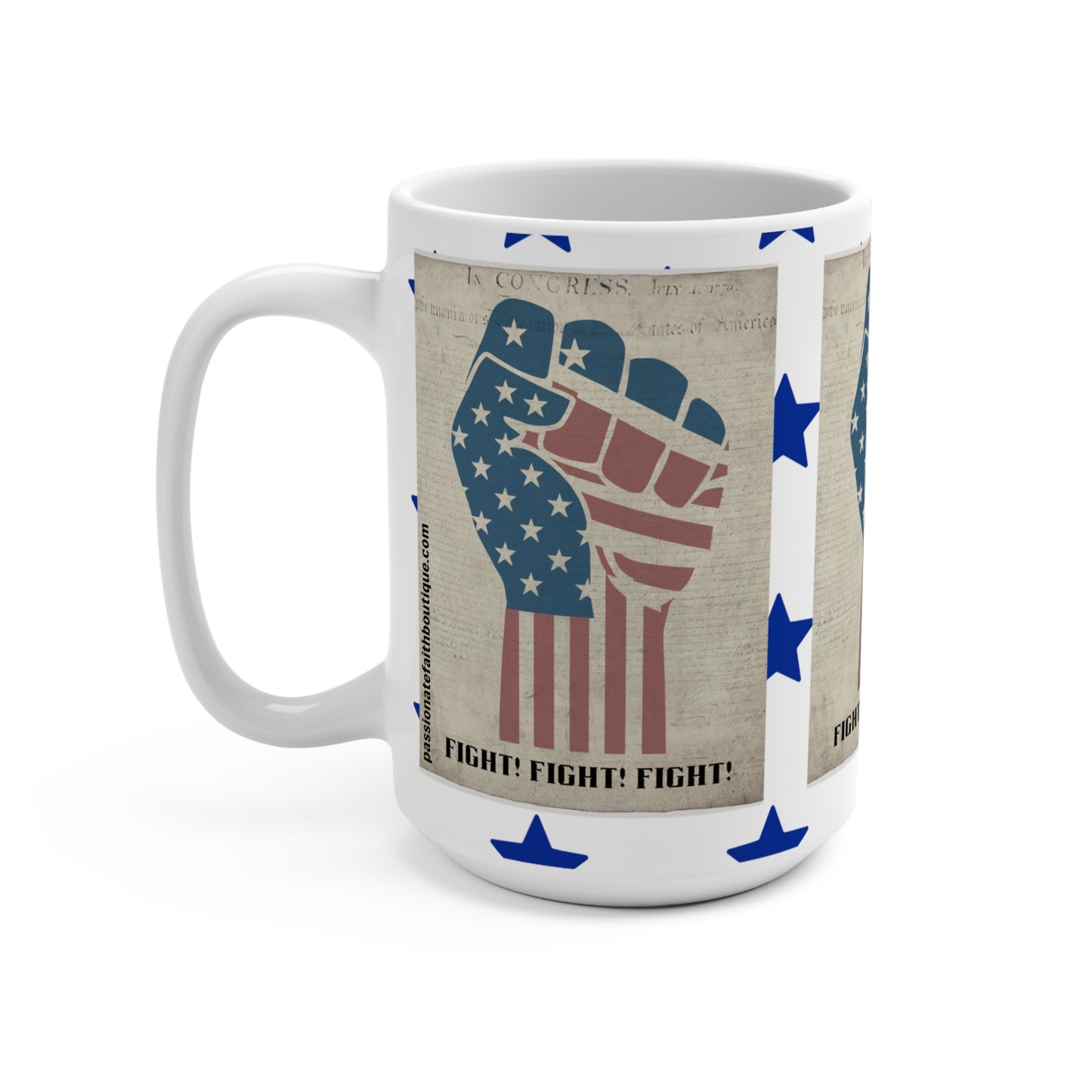 Mug with American flag design and text on a white background
