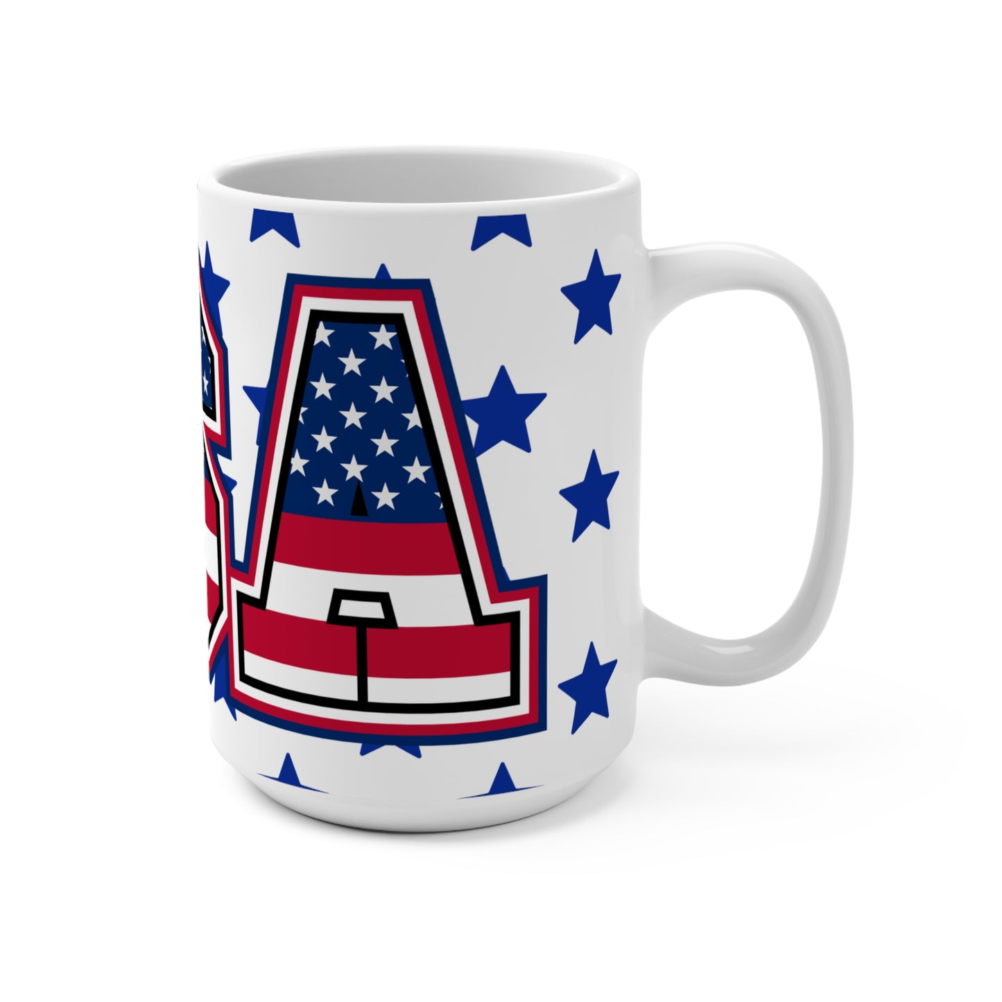 Right side view of a white mug with a patriotic USA-shaped American flag design on a white background