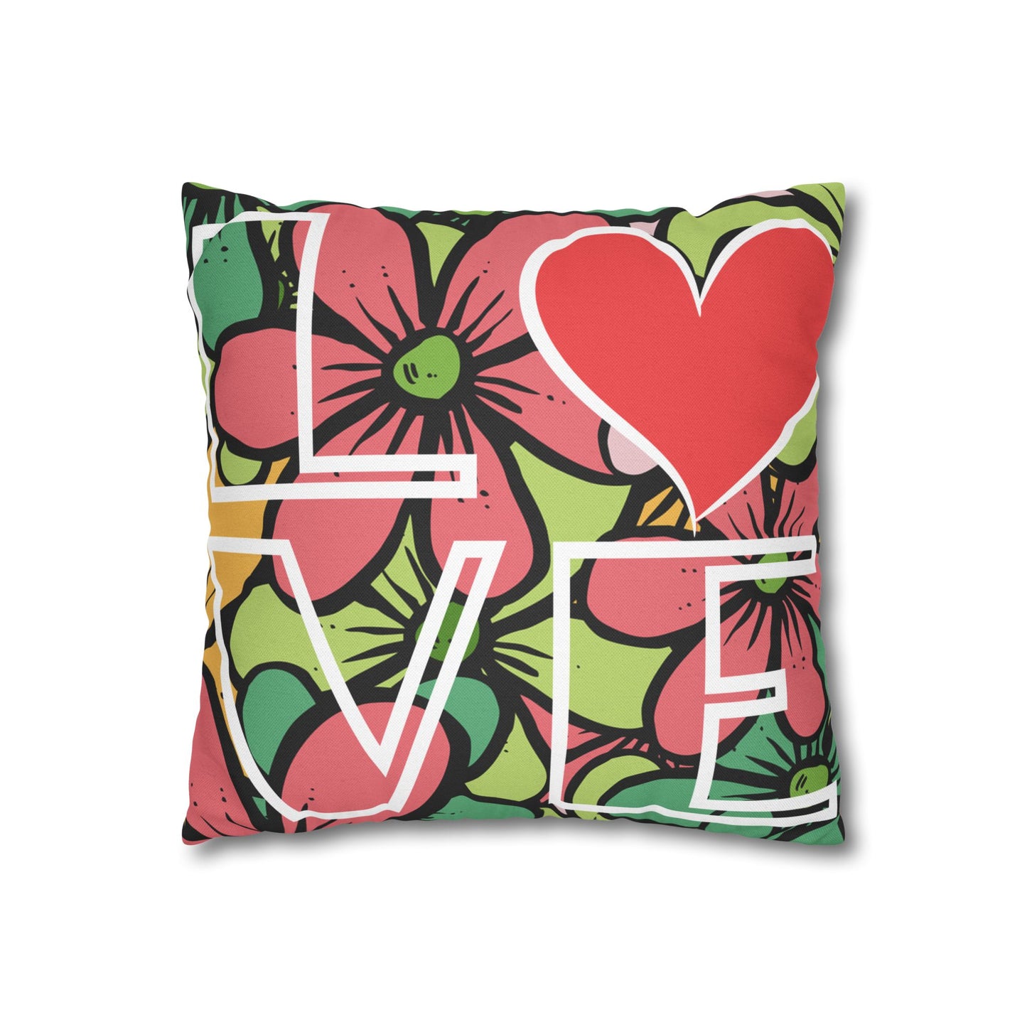 Colorful pillow with floral design and 'LOVE' text on a white background