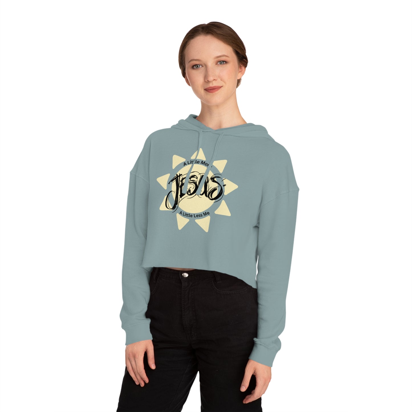 Person wearing a light blue hoodie with a 'Jesus' design on a white background