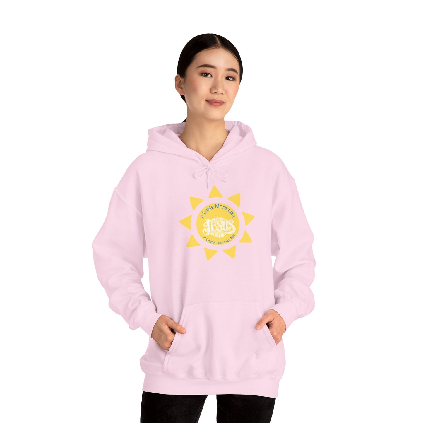 Person wearing a pink hoodie with a yellow graphic design on a white background
