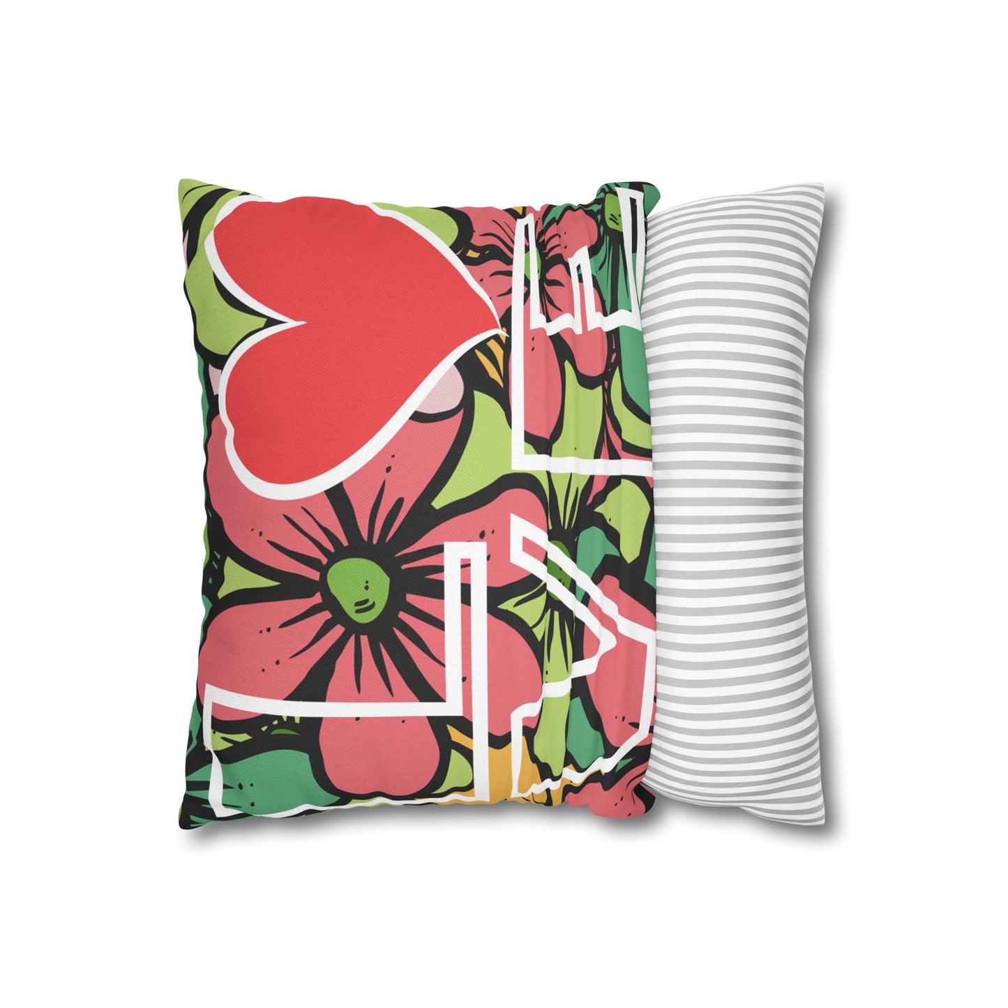 Colorful floral and heart-patterned pillow next to a white and gray striped pillow on a white background