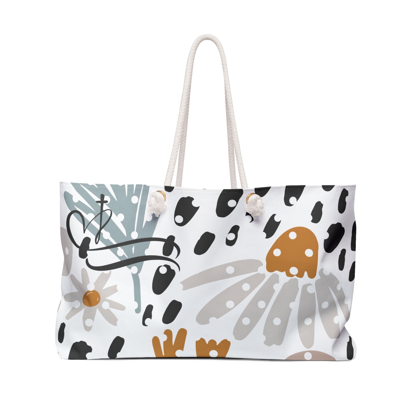 Tote bag with floral and abstract design on a white background