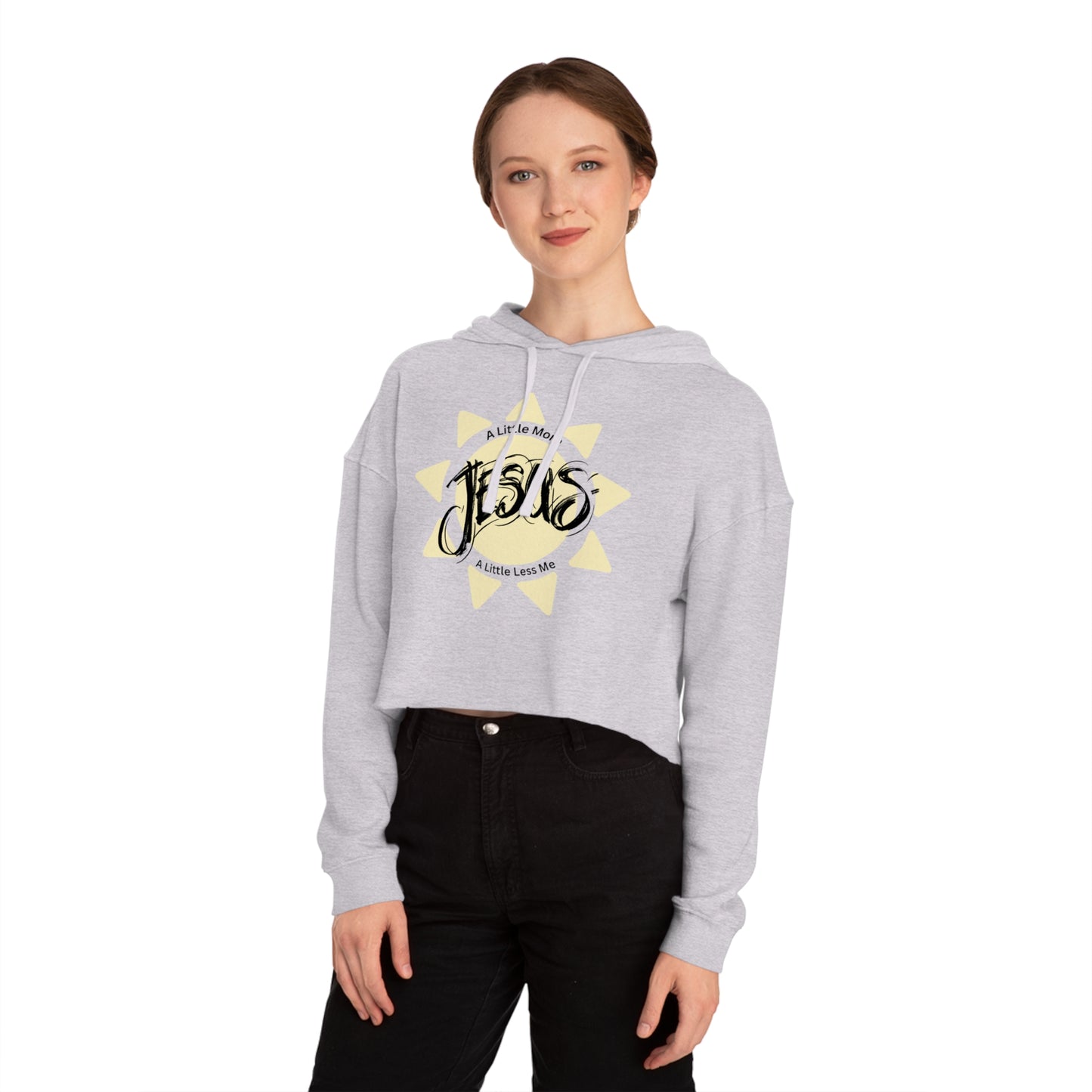 Person wearing a gray hoodie with 'Jesus' text design on a white background