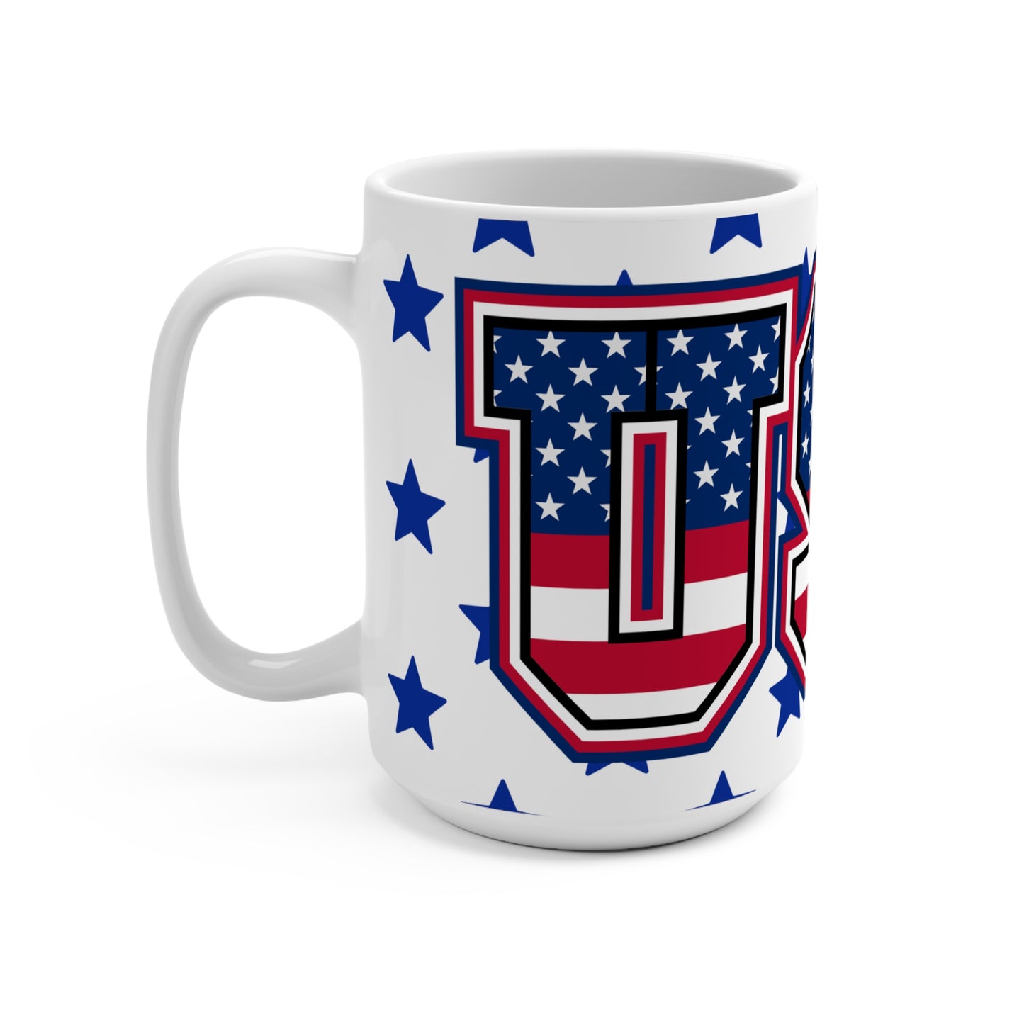 White mug with USA-shaped American flag design on a white background