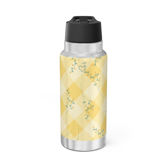Stainless steel water bottle with yellow patterned label on a white background