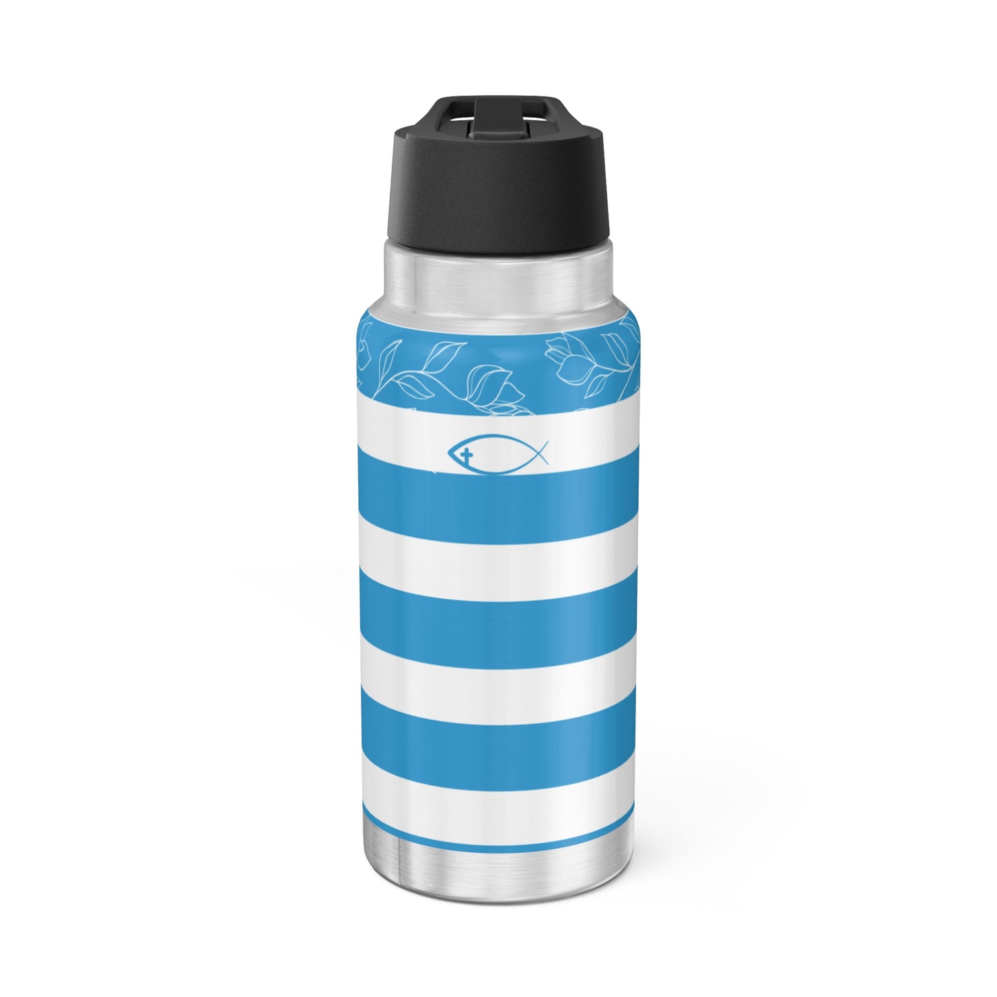 Stainless steel water bottle with blue and white striped design on a white background