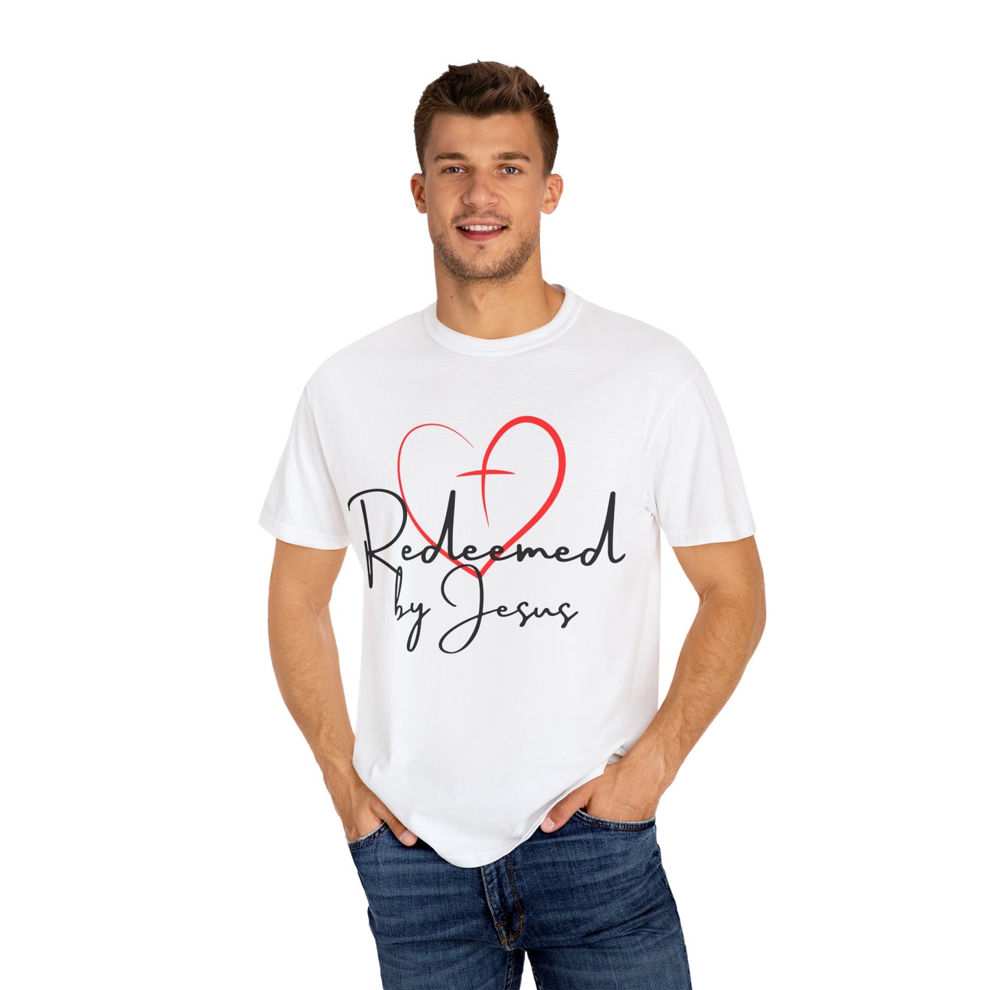 Man wearing a white t-shirt with "Redeemed by Jesus" on a white background