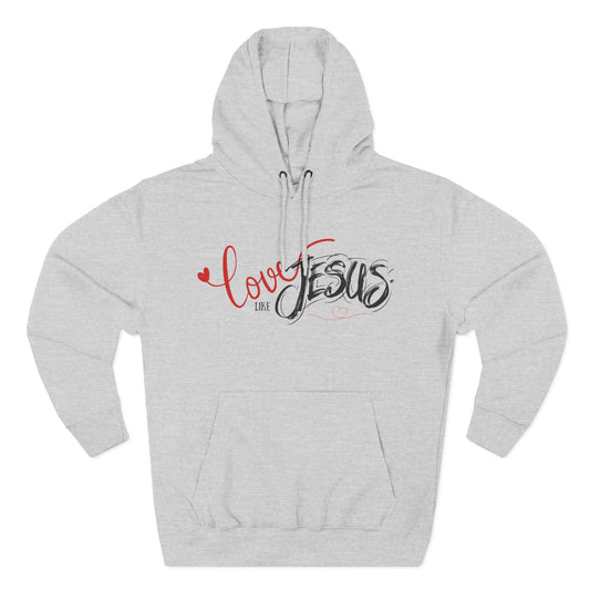 Gray hoodie with 'Love Jesus' text on a white background