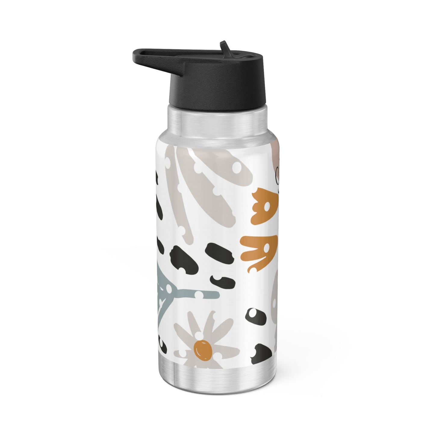Silver water bottle with black, orange, and gray abstract design on a white background