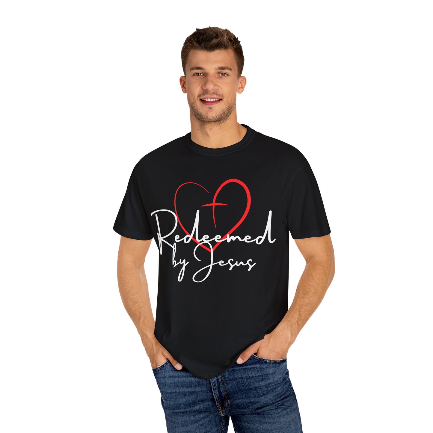 Man wearing a black t-shirt with 'Redeemed by Jesus' design on a white background