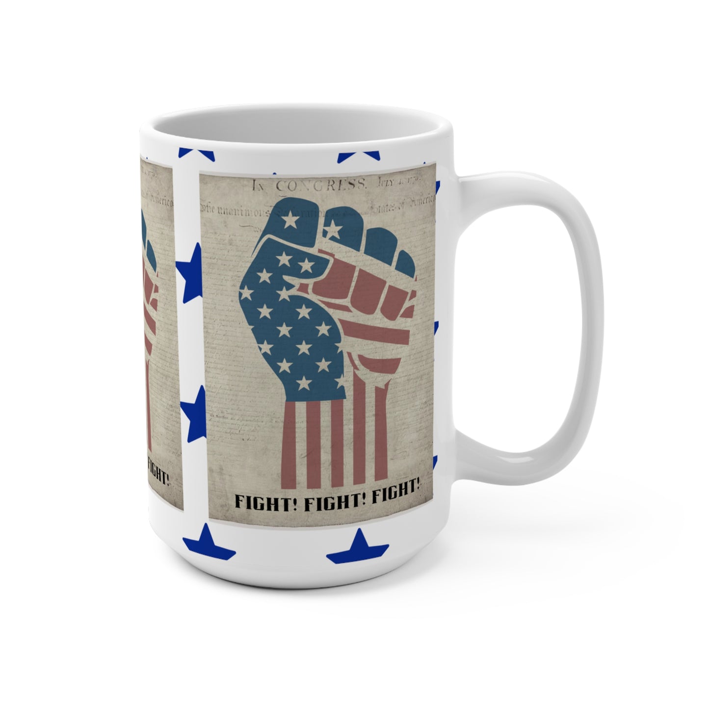 Mug with a graphic of a raised fist with an American flag design on a beige background.
