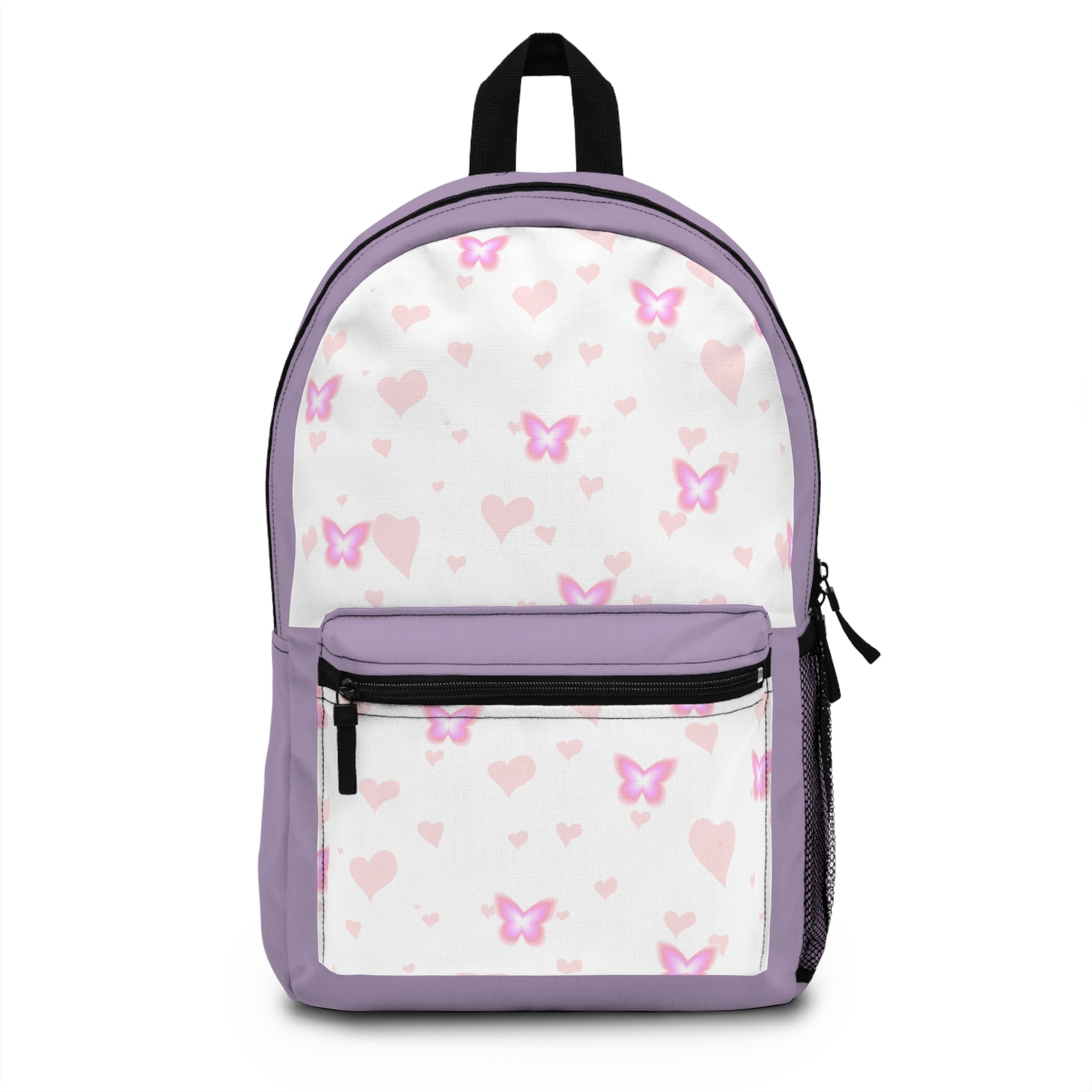 Backpack with butterfly and heart pattern on a white background