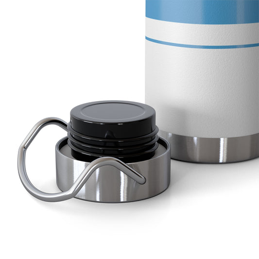 Metallic water bottle with black cap and carabiner on a white background