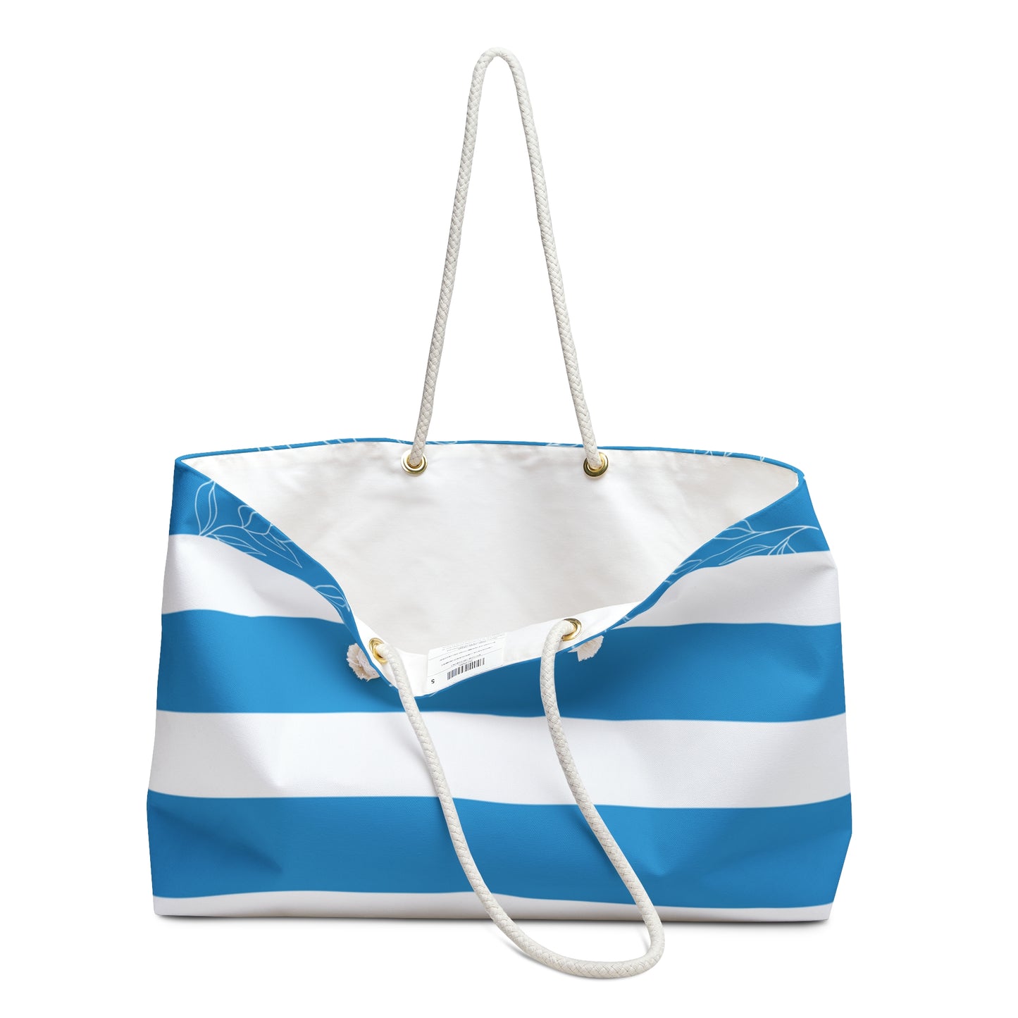 Blue and white striped tote bag with a rope handle on a white background
