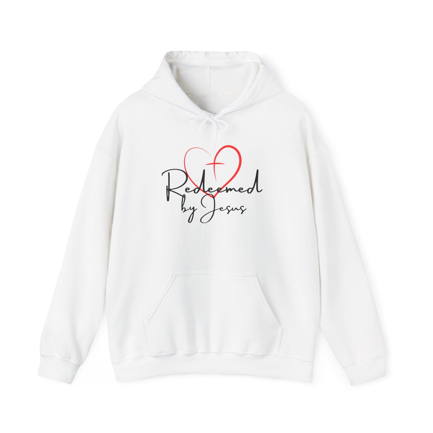 White hoodie with 'Redeemed by Jesus' text and red heart design on a white background