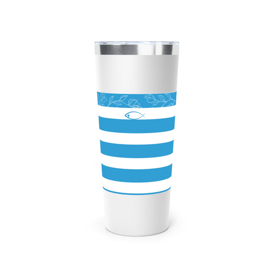 White tumbler with blue stripes and a silver lid on a white background