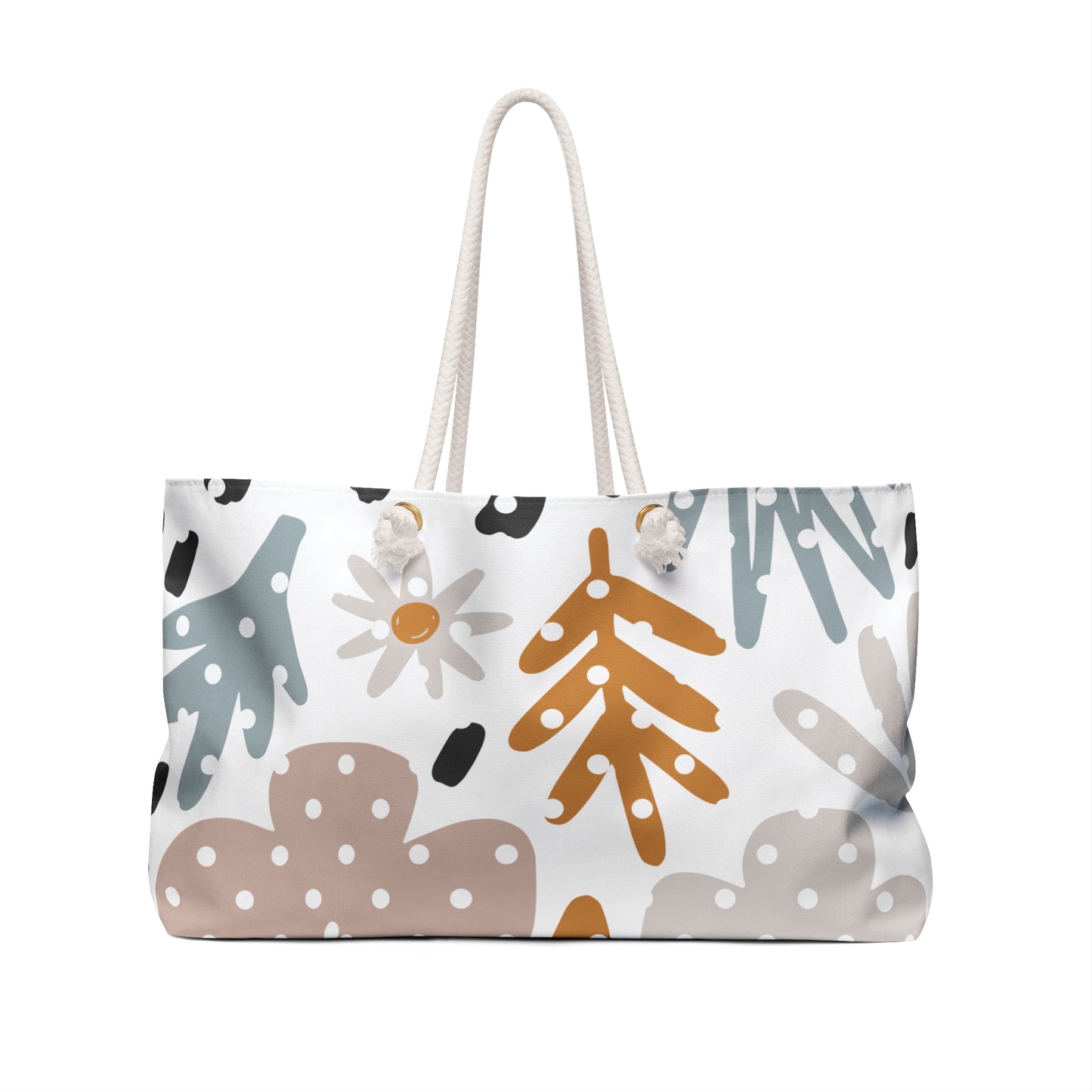 Tote bag with floral and abstract pattern on a white background