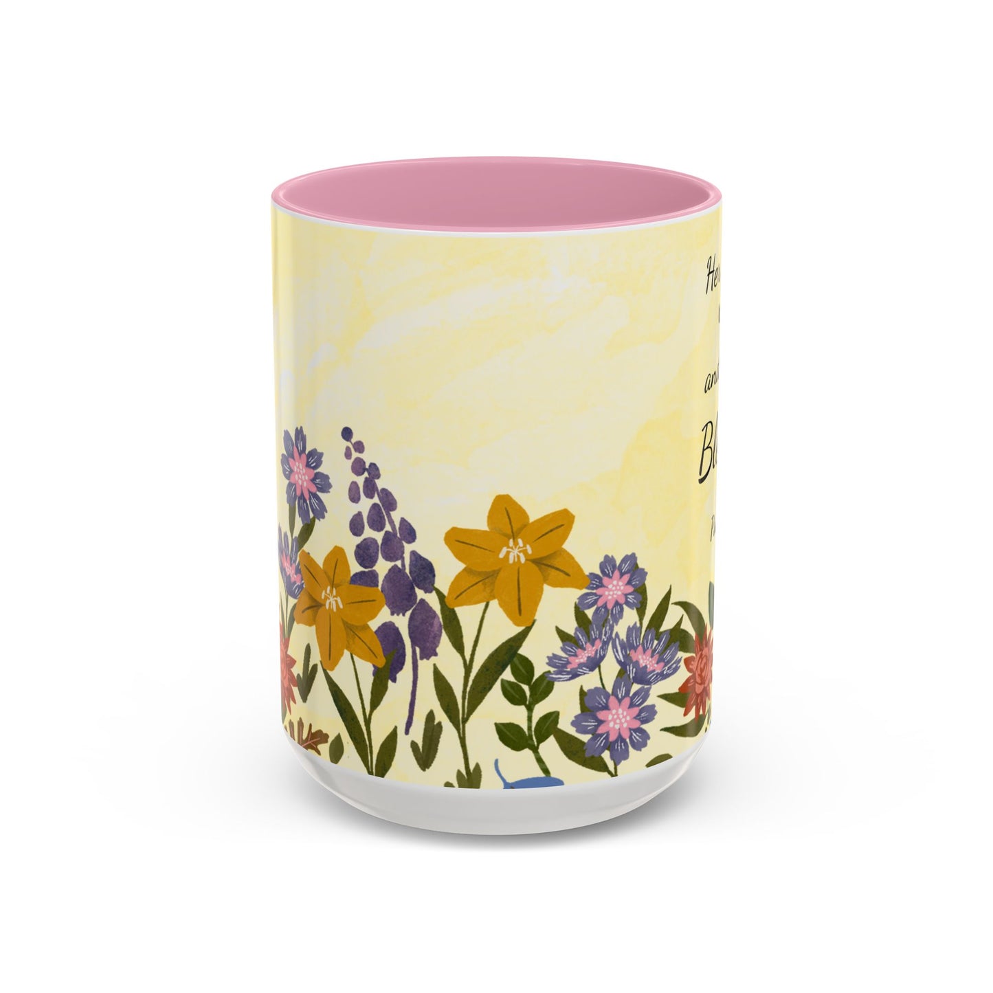 Tumbler with floral design and a Bible verse with pink interior on a white background