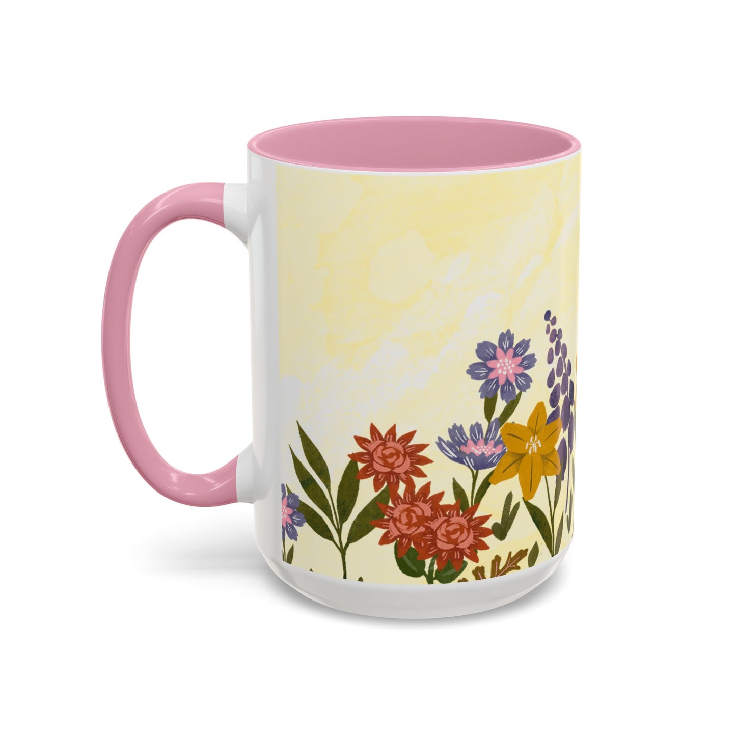 Mug with floral design and pink handle on a white background