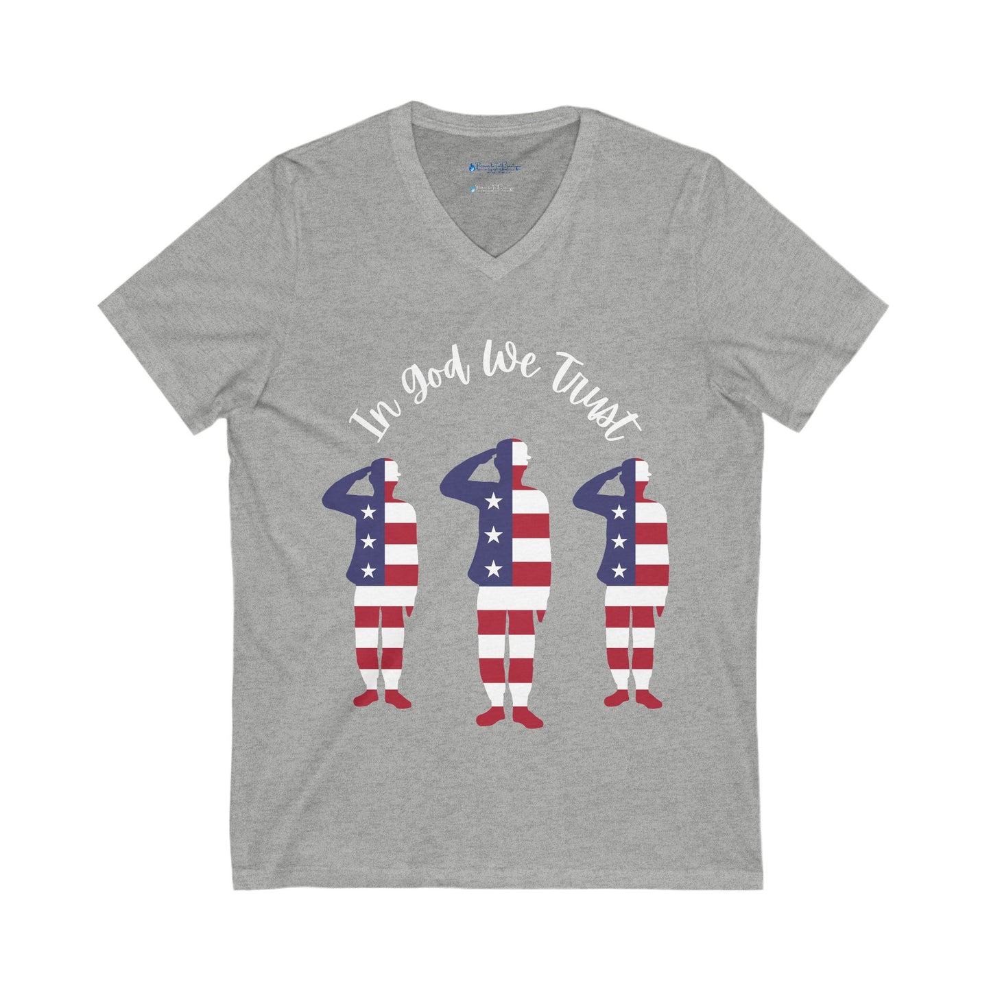 Gray V-neck t-shirt with a soldier-shaped American flag design and 'In God We Trust' text on a white background