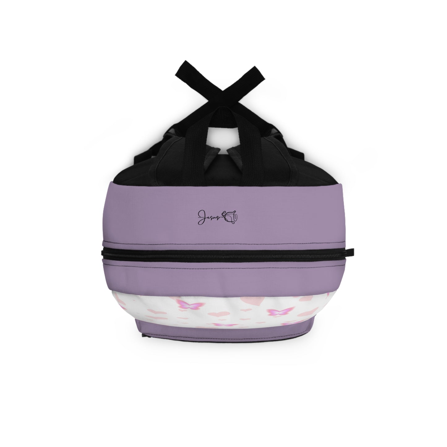 Purple and black bag with butterfly design on a white background