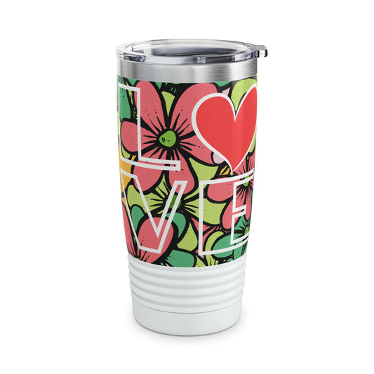 Tumbler with floral design and 'LOVE' text on a white background
