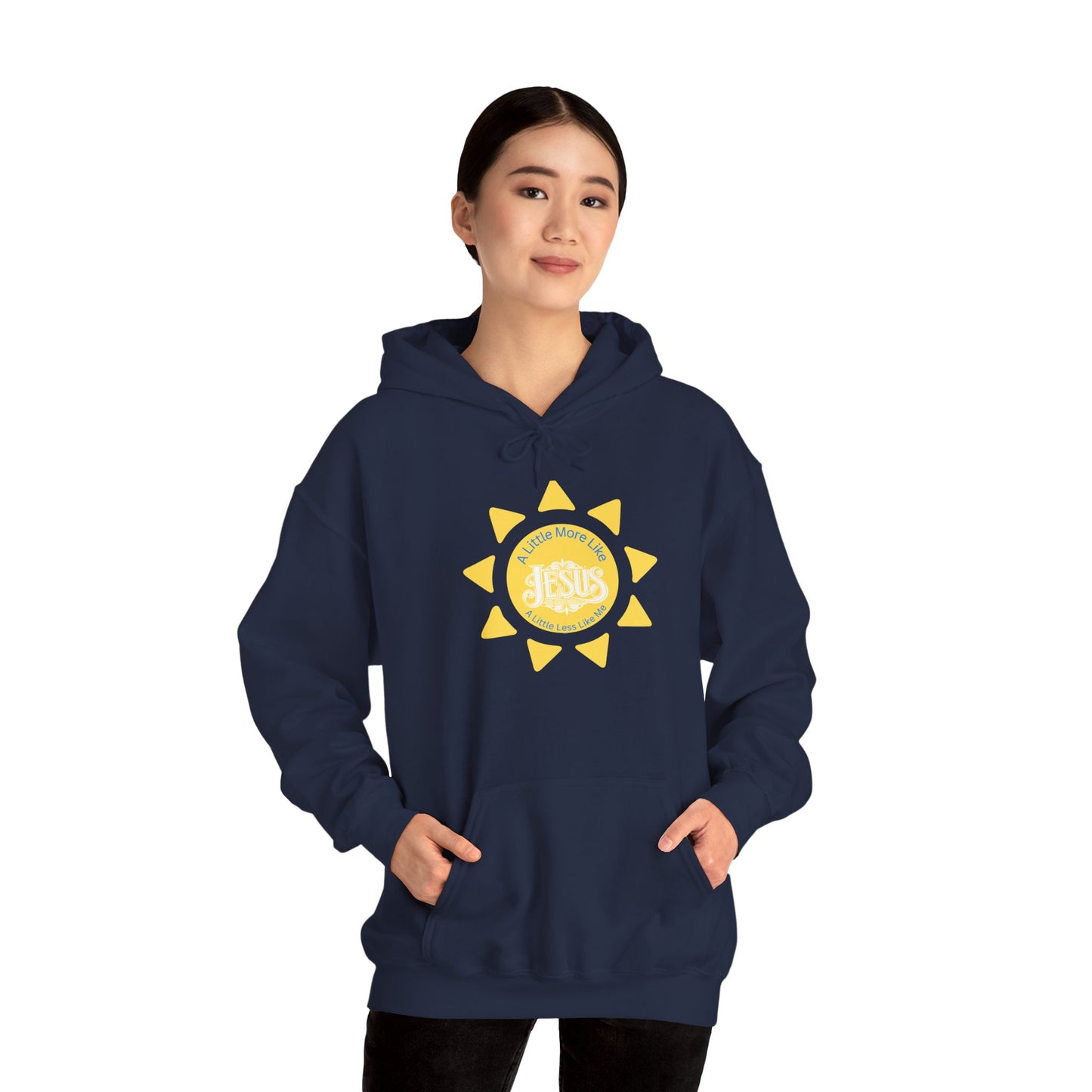 Person wearing a navy blue hoodie with a yellow sun design on a white background