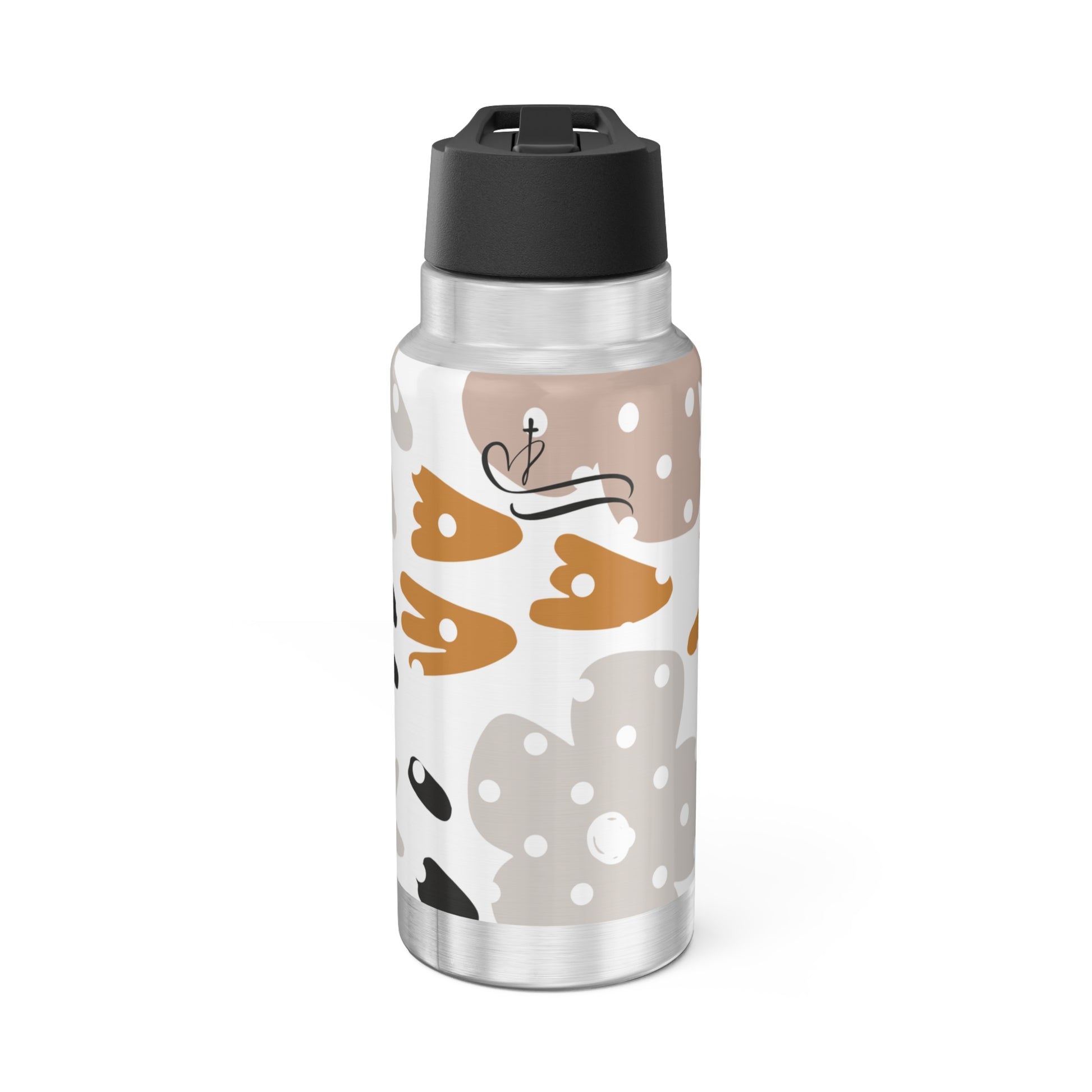 Stainless steel water bottle with a patterned design on a white background