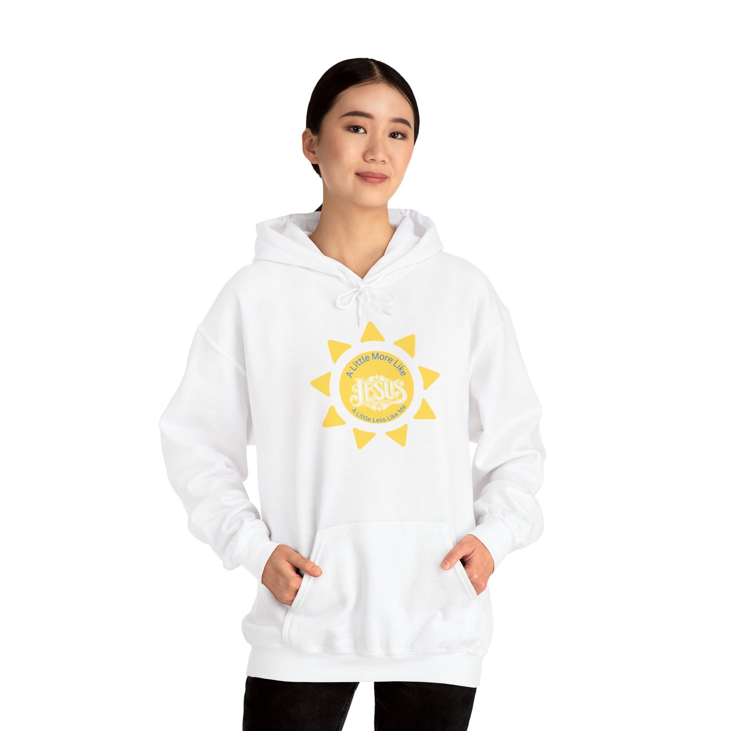 White hoodie with a yellow sun design and 'Jesus' text on a white background