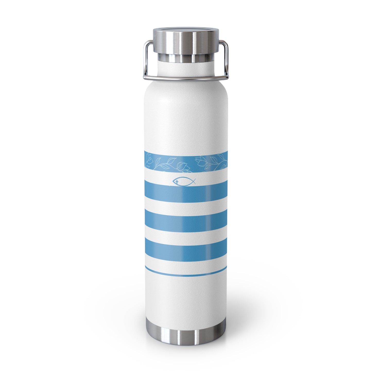 White water bottle with blue stripes and a fish design on a white background