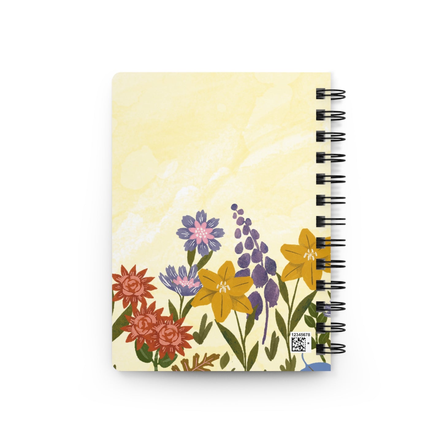 Back cover view of notebook with floral design on a yellow background