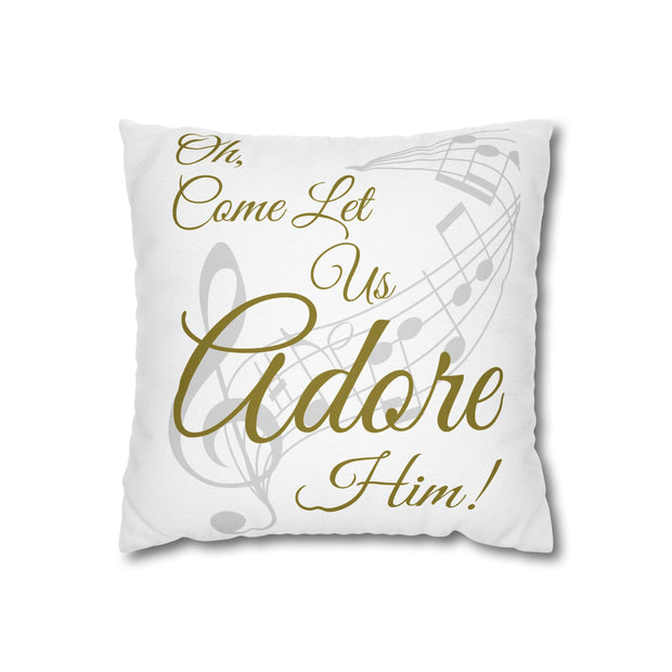Decorative pillow with gold text and musical notes on a white background