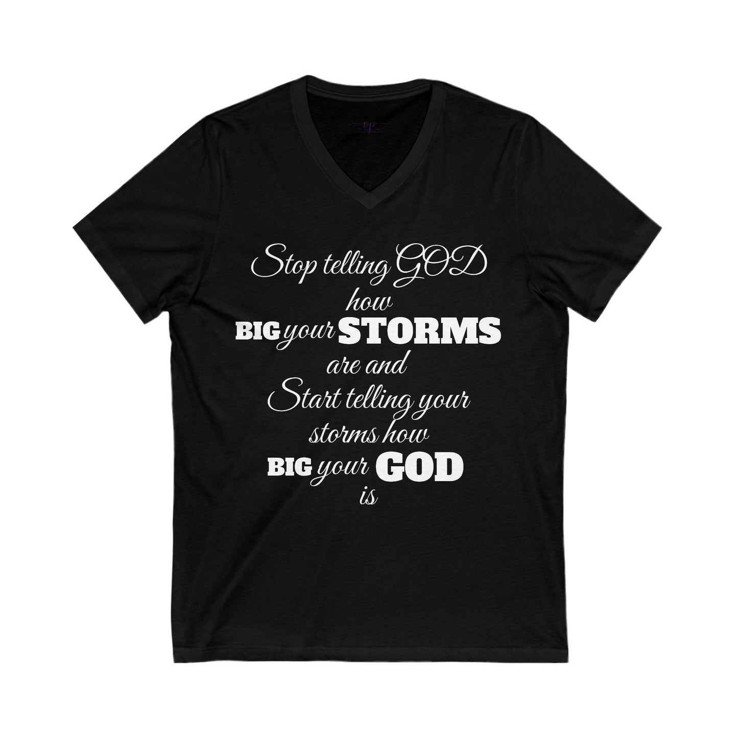 Black V-neck t-shirt with white motivational quote on a white background