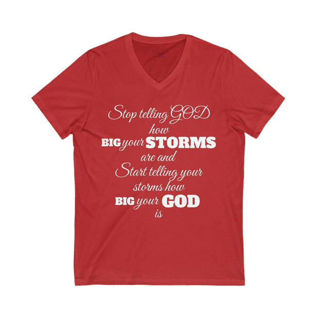 Red V-neck t-shirt with motivational quote on a white background