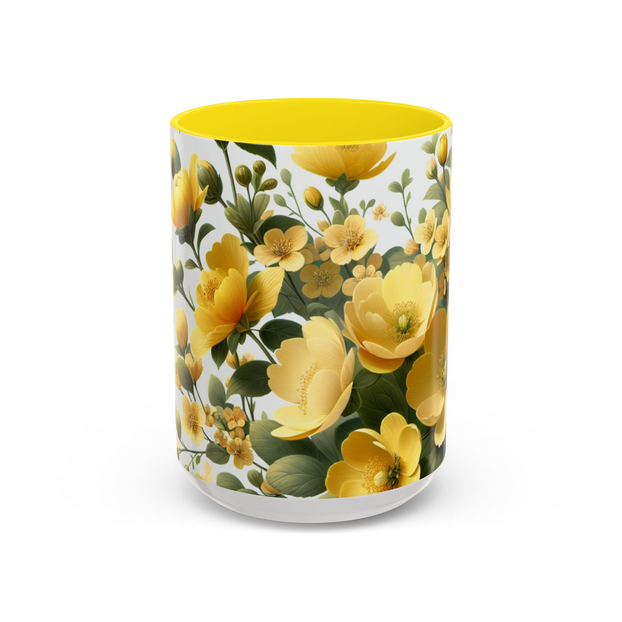 Tumbler with yellow floral design on a white background