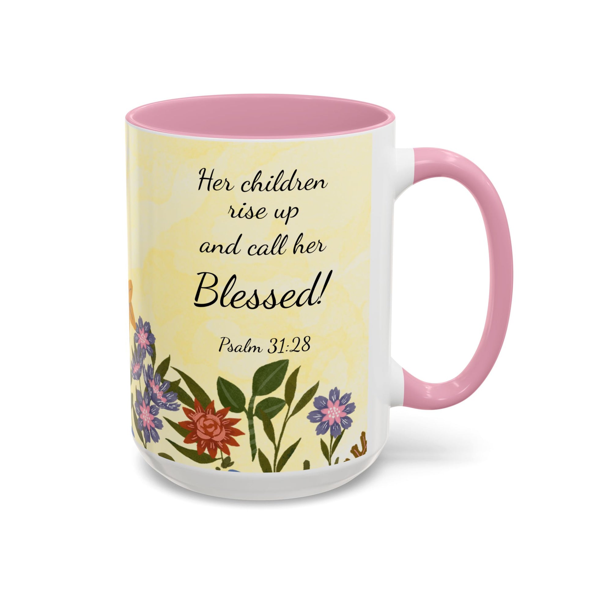 Mug with floral design and Bible verse on a white background