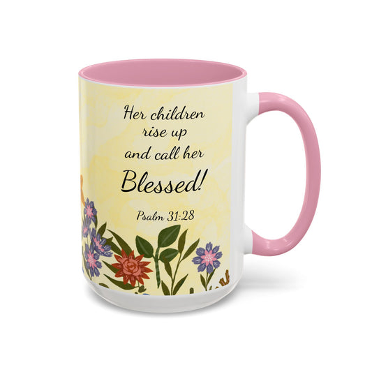 Mug with floral design and Bible verse on a white background