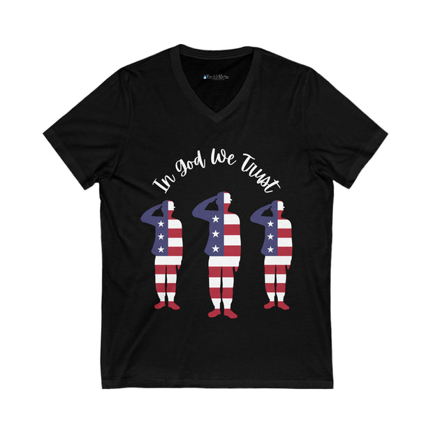 Black t-shirt with soldier-shaped American flag design and 'In God We Trust' text on a white background