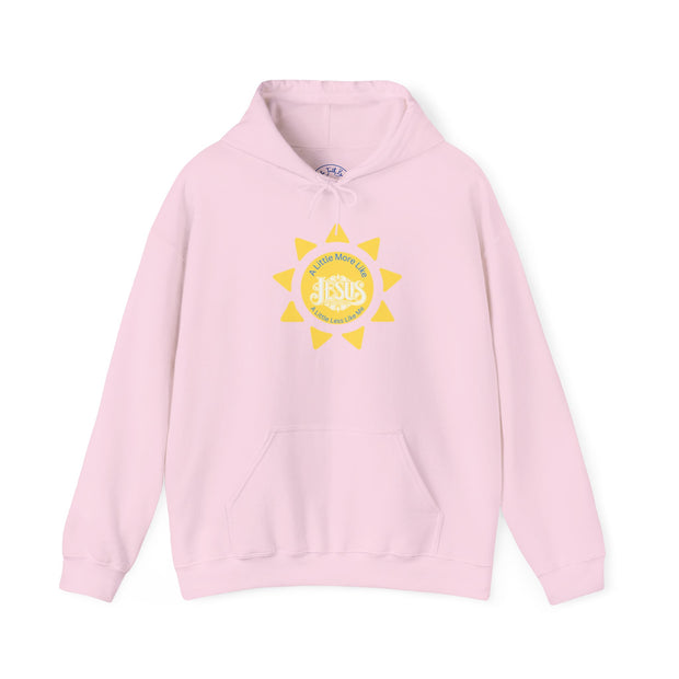 Pink hoodie with a yellow logo on a white background