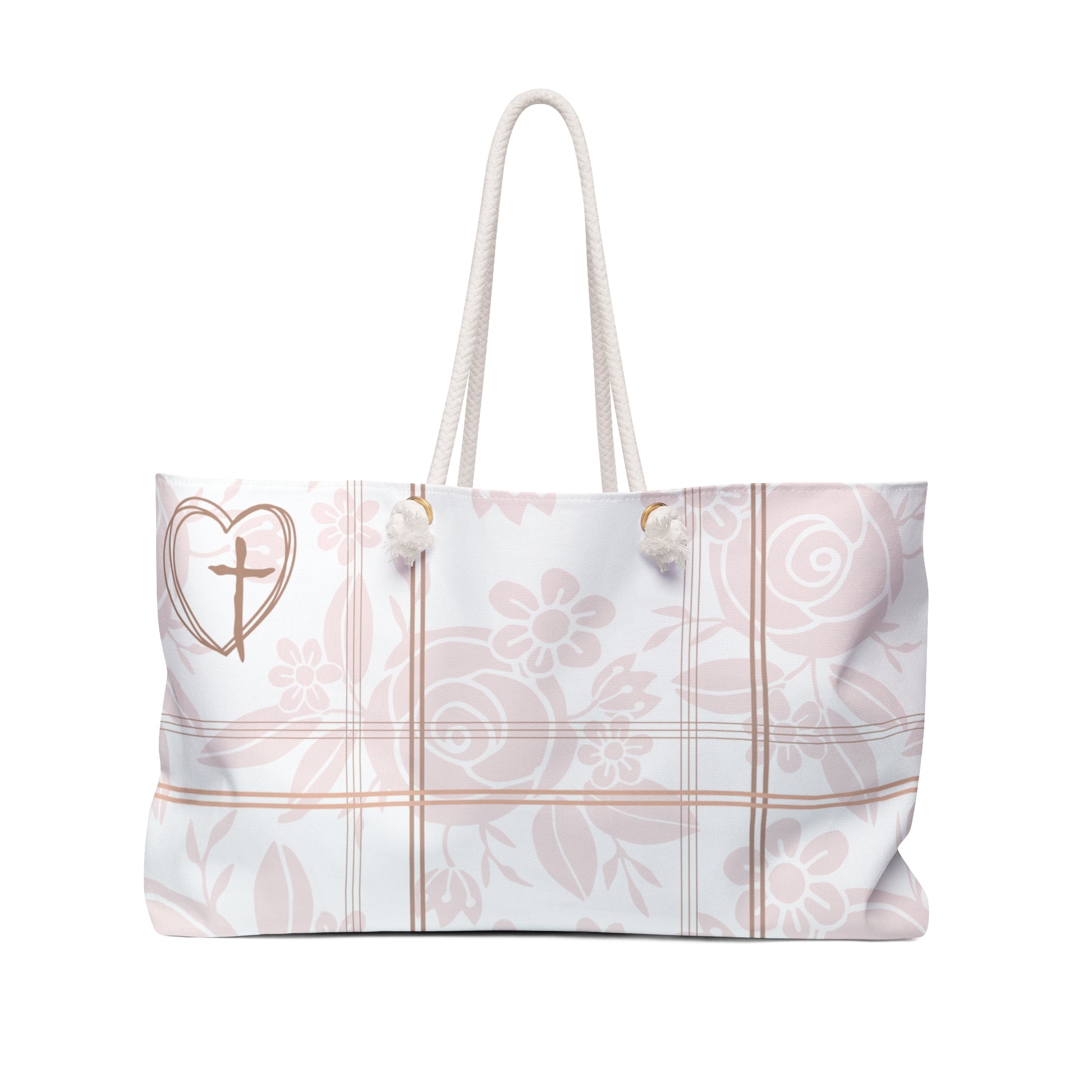 White tote bag with floral and cross design on a white background