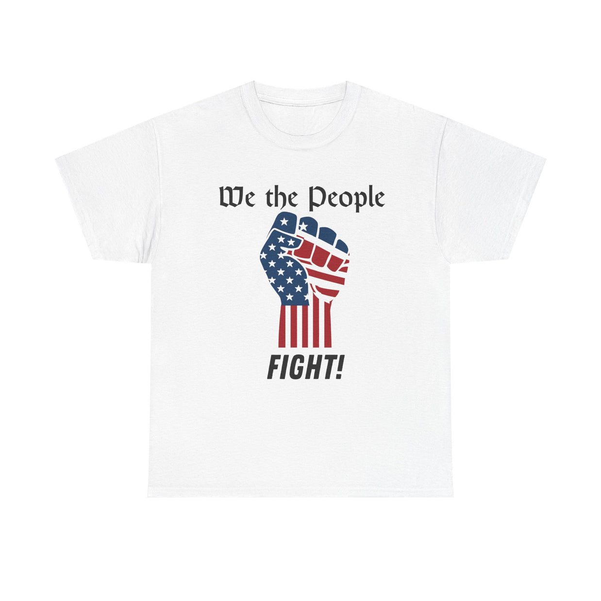 White t-shirt with 'We the People' and fist graphic design on a white background