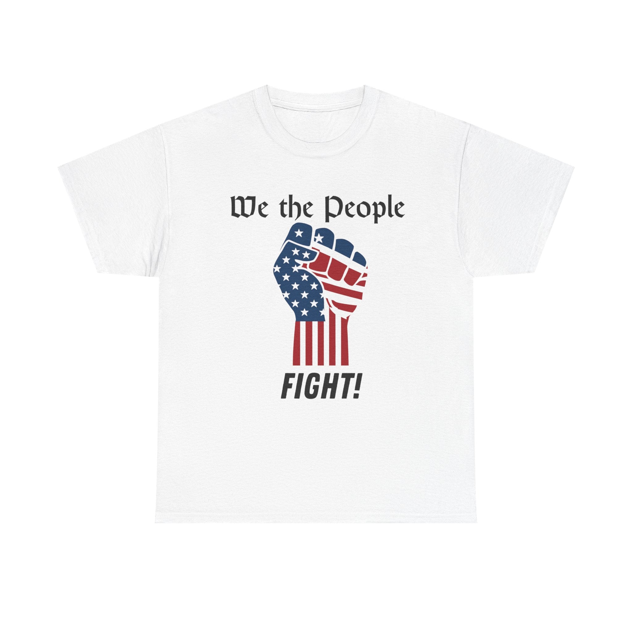 White t-shirt with 'We the People' and fist graphic design on a white background