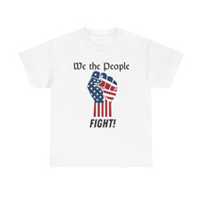 White t-shirt with 'We the People' and fist graphic design on a white background